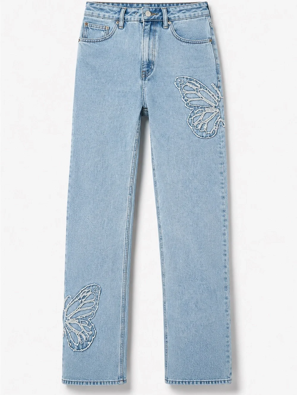 PacSun Light Blue Straight-Leg Jeans with Butterfly Embroidery